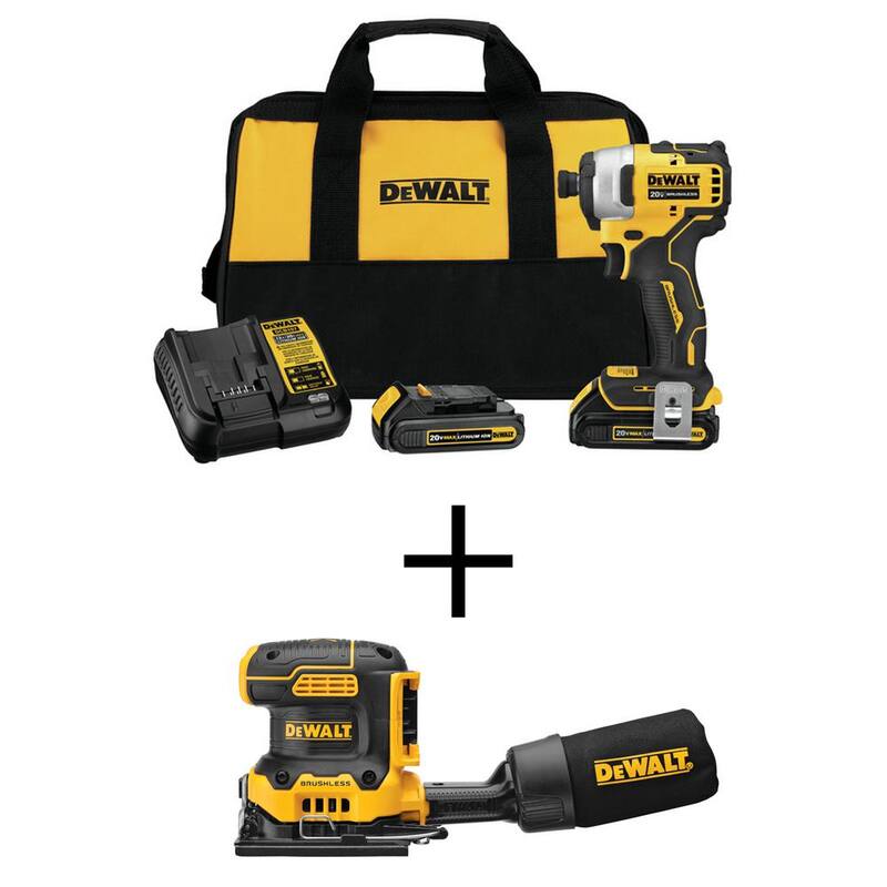 DEWALT ATOMIC 20V MAX Destornillador de Impacto Compacto Inalámbrico de 1/4 de pulgada, Lijadora de 1/4 de hoja de 20V, (2) Baterías de 20V 1.3Ah y Cargador - DCF809C2WDCW200