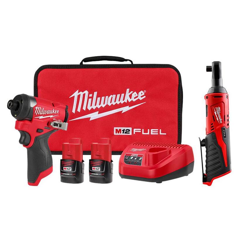 Milwaukee M12 FUEL Juego de llave de impacto inalámbrica sin escobillas de litio de 12 voltios con cabezal hexagonal de 1/4 pulg. y trinquete de 3/8 pulg. M12 - 3453-22-2457-20