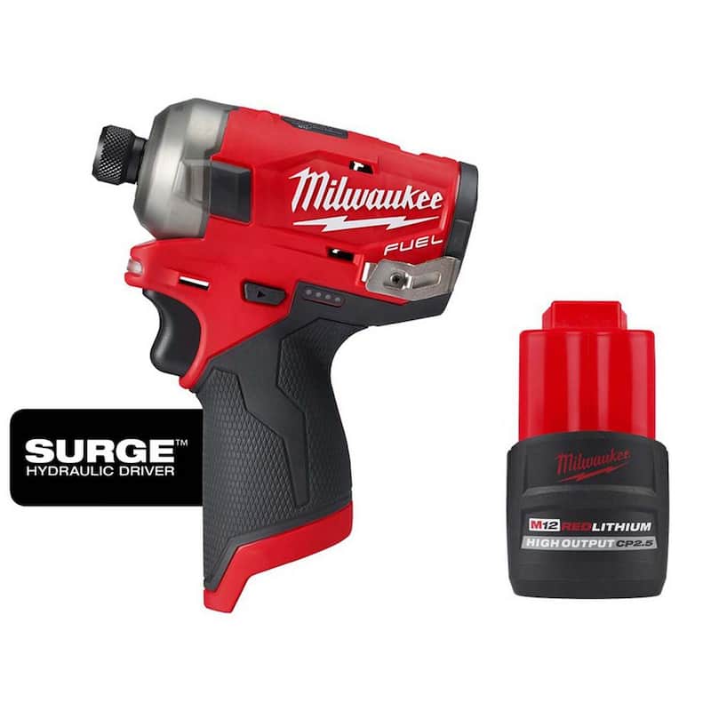 Milwaukee M12 FUEL SURGE 12V Lithium-Ion Brushless Cordless 1/4 pulgadas Hex Impact Driver con Batería de Alto Rendimiento 2.5 Ah - 2551-20-48-11-2425