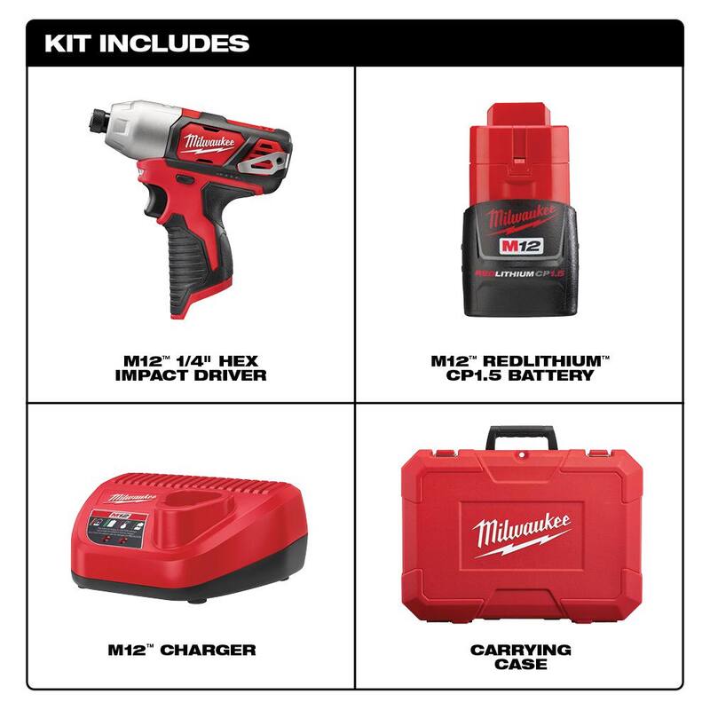Milwaukee M12 12V Juego de destornillador de impacto inalámbrico de 1/4 de pulgada de iones de litio con (2) baterías de 1.5Ah, cargador y estuche - 2462-22
