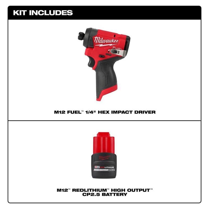 Milwaukee M12 FUEL 12V Impact Driver inalámbrico sin escobillas de iones de litio de 1/4 de pulgada con paquete de batería CP de alto rendimiento de 2.5 Ah - 3453-20-48-11-2425