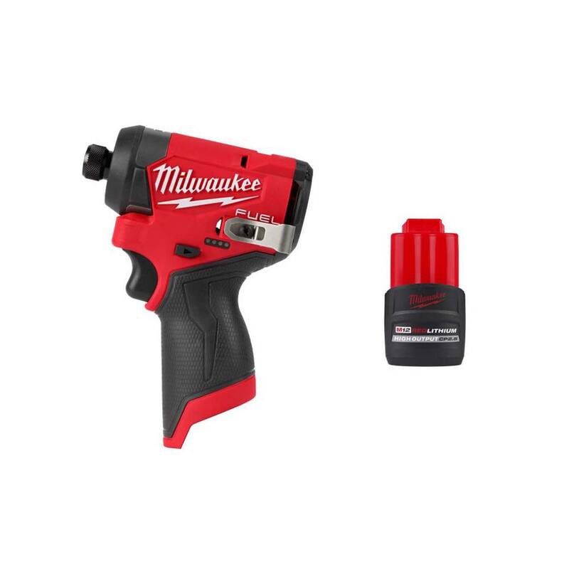 Milwaukee M12 FUEL 12V Impact Driver inalámbrico sin escobillas de iones de litio de 1/4 de pulgada con paquete de batería CP de alto rendimiento de 2.5 Ah - 3453-20-48-11-2425