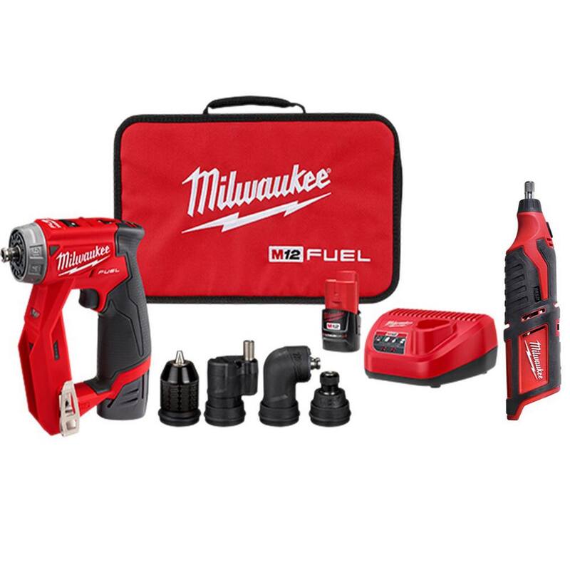 Milwaukee M12 FUEL 12V Lithium-Ion Brushless Cordless 4-in-1 Instalación de Taladro/Destornillador de 3/8 pulgadas con Kit de Herramienta Rotativa M12 - 2505-22-2460-20