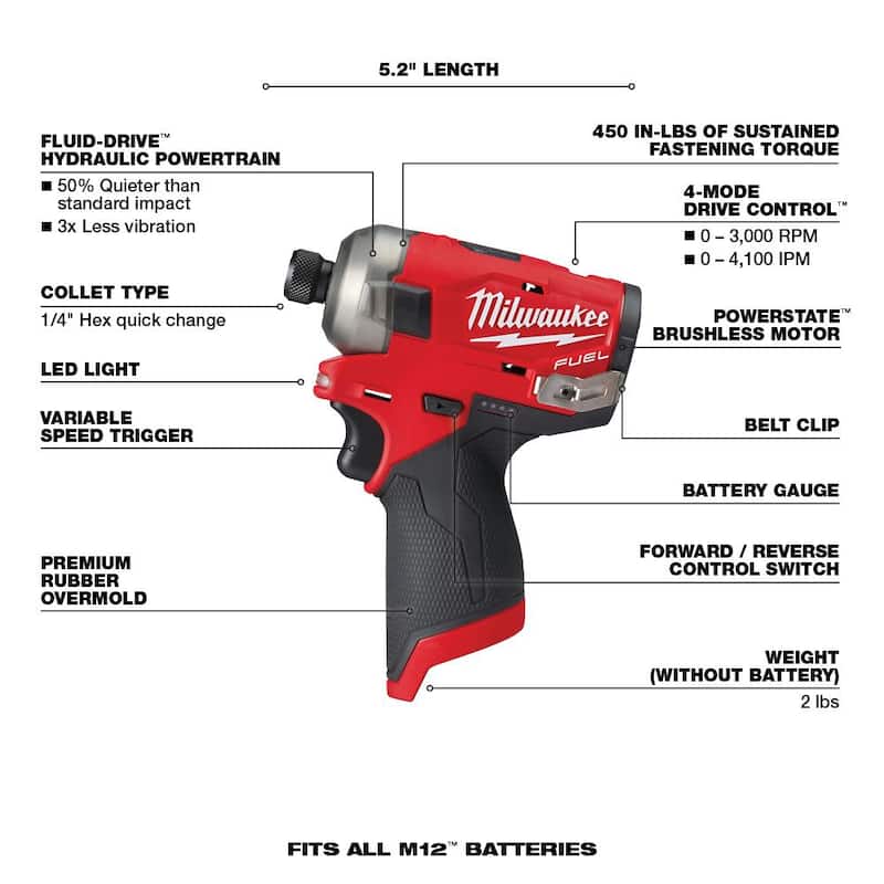 Milwaukee M12 FUEL 12V Taladro inalámbrico sin escobillas de iones de litio 4 en 1 y kit de combo de Impact Driver SURGE - 2505-22-2551-20