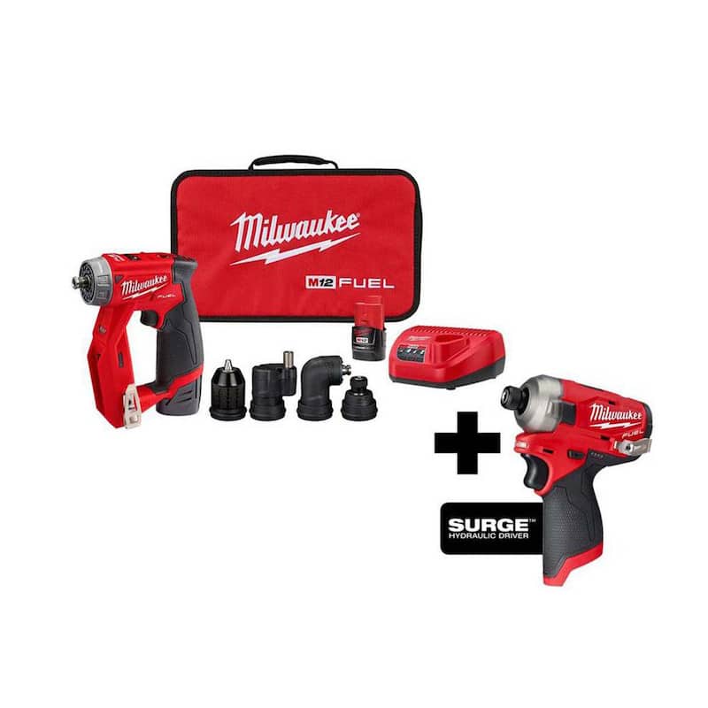 Milwaukee M12 FUEL 12V Taladro inalámbrico sin escobillas de iones de litio 4 en 1 y kit de combo de Impact Driver SURGE - 2505-22-2551-20