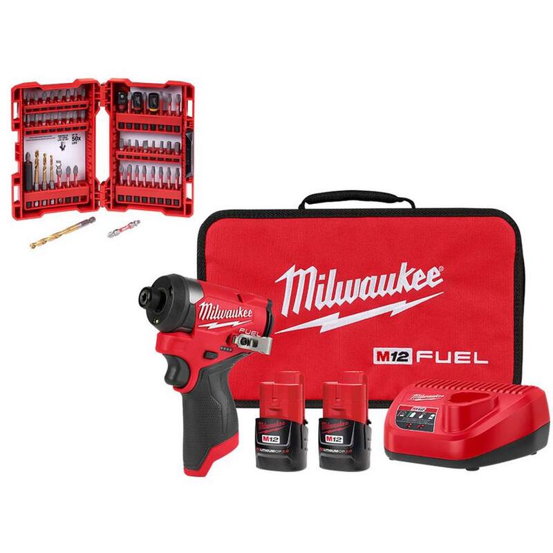 Kit de destornillador de impacto inalámbrico Milwaukee M12 FUEL de 12 volts con tecnología de motor sin escobillas de 1/4 de pulgada e incluye un set de 50 puntas SHOCKWAVE - 3453-22-48-32-4024