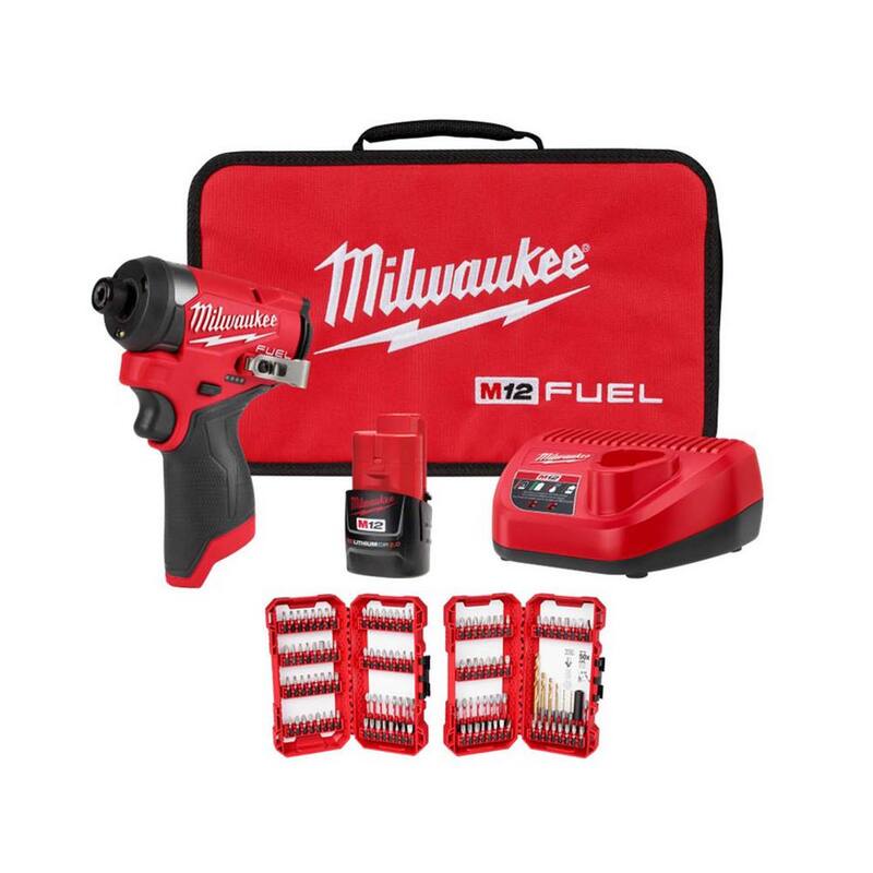 Milwaukee M12 FUEL 12V 1/4 in. Hex Impact Driver Compact Kit con Juego de Puntas de Destornillador de Acero Aleado SHOCKWAVE Impact Duty (120 piezas) - 3453-21-48-32-5155