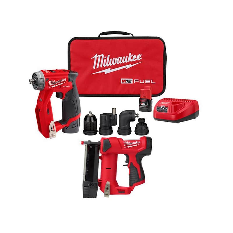 Milwaukee M12 FUEL 12V Inalámbrico 4 en 1 Instalación de Taladro Driver Kit con M12 23-Gauge Inalámbrico Clavadora de Pines de Iones de Litio - 2505-22-2540-20