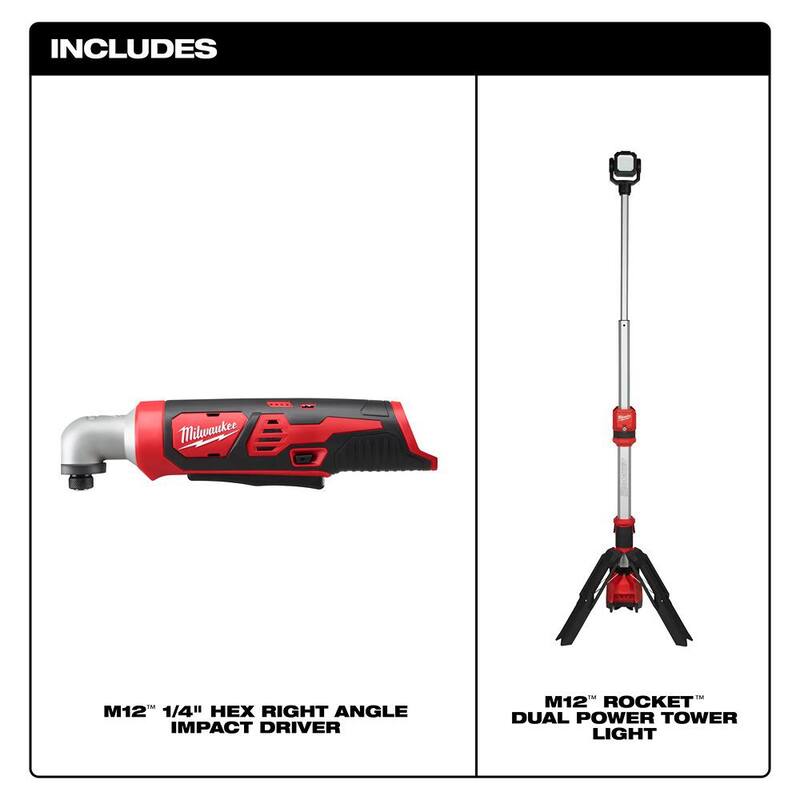 Milwaukee M12 12V Lithium-Ion Inalámbrico de 1/4 de pulgada Impacto Angulado Derecho con Hexágono con Luz de Trabajo LED ROCKET de 1400 lúmenes - 2467-20-2132-20