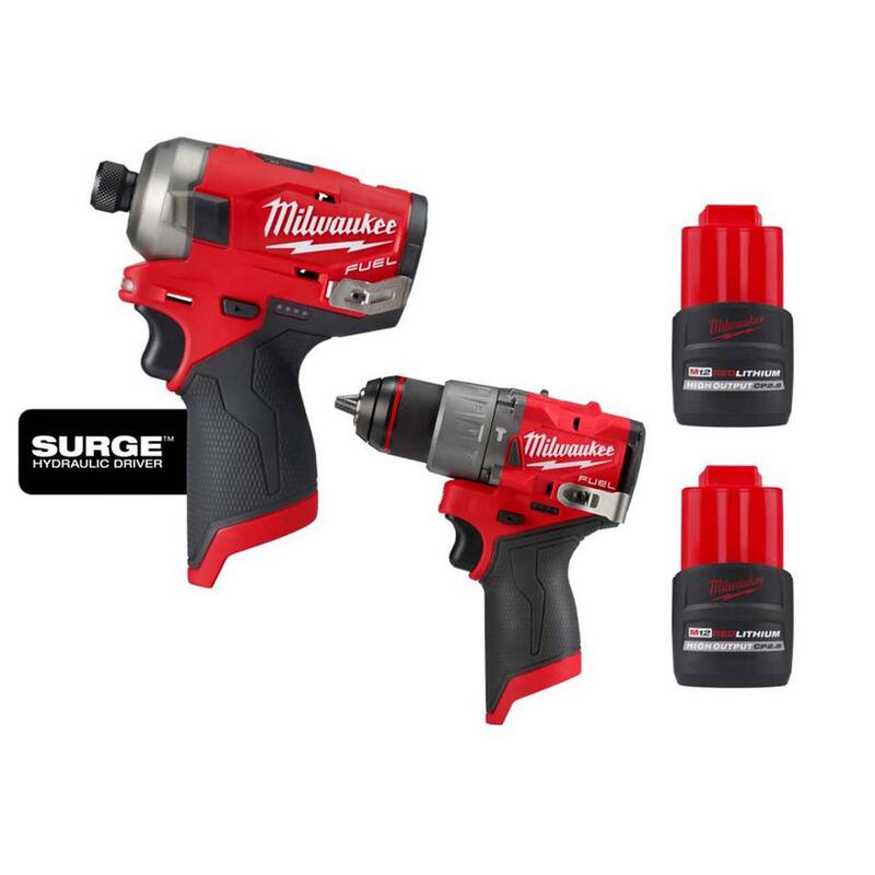 Milwaukee M12 FUEL SURGE 12-Volt 1/4 in. Hex Impact Driver con Taladro de Martillo de 1/2 in. y (2) Paquetes de Baterías M12 HO 2.5 Ah - 2551-20-3404-20-48-11-2425-48-11-2425