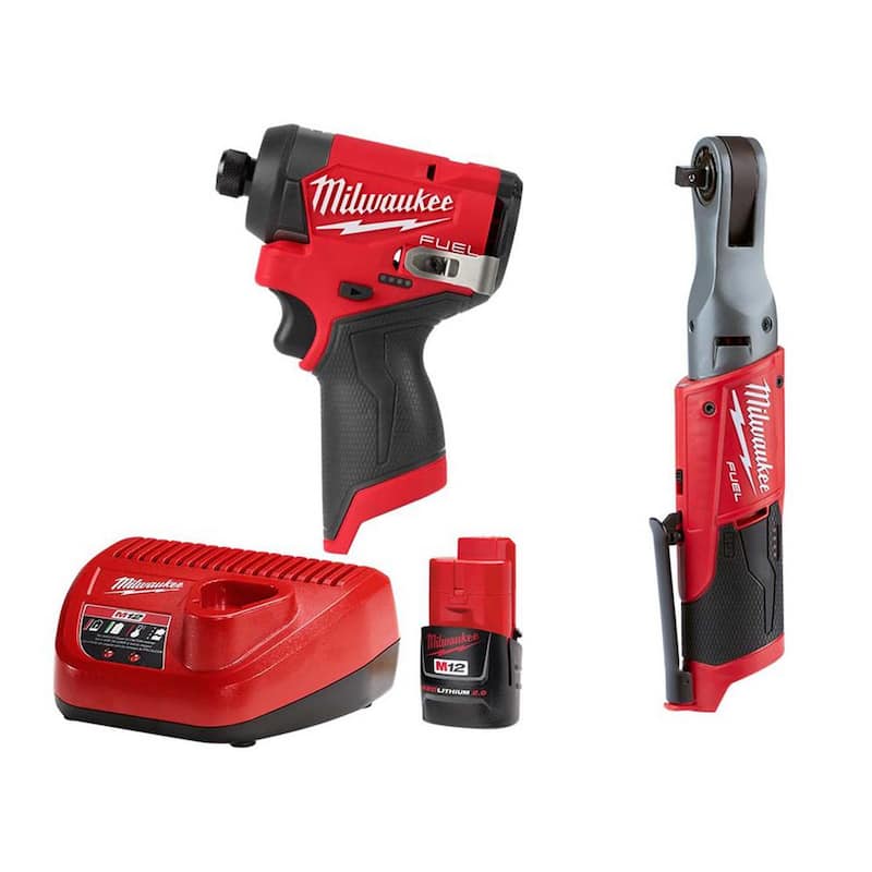 Milwaukee M12 FUEL Combo de Impacto de 1/4 de pulgada y Trinquete de 3/8 de pulgada inalámbrico sin escobillas de litio de 12 voltios con una batería de 2.0 Ah y cargador - 3453-20-2557-20-48-59-2420