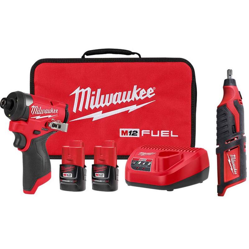 Milwaukee M12 FUEL 12-Volt Lithium-Ion Brushless Cordless 1/4 in. Hex Impact Driver Kit with M12 Rotary Tool - 3453-22-2460-20