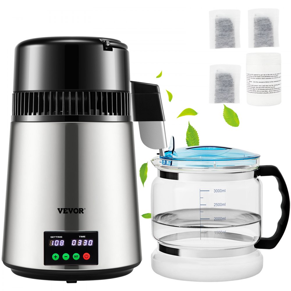 VEVOR 1.1 Gal Water Distiller, 0.3 Gal/H, 750W Distilled Water Maker Machine 0-99H Timing Set Temp Display, 304 Stainless Steel Countertop Distiller Glass Carafe Cleaning Powder 3 Carbon Packs, Silver - D1LH1LH4L110VH647V1