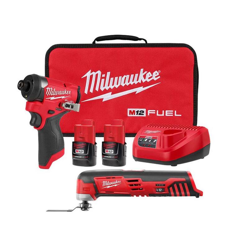 Juego de destornillador de impacto inalámbrico de 1/4 de pulgada con motor sin escobillas de 12 voltios y batería de iones de litio Milwaukee M12 FUEL con herramienta múltiple M12 - 3453-22-2426-20