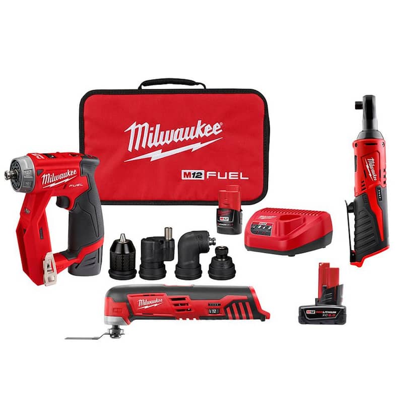 Milwaukee M12 FUEL 12V Li-Ion 4-en-1 Kit de taladro con controlador de instalación de 3/8 pulgadas con multi-herramienta, llave de trinquete de 3/8 pulgadas y batería de 6.0 Ah - 2505-22-2426-20-2457-20-48-11-2460