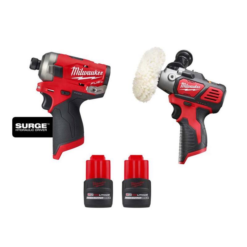 Milwaukee M12 FUEL SURGE 12V 1/4 in. Hex Impact Driver con Pulidora/Lijadora de Velocidad Variable M12 12V y (2) Paquetes de Baterías M12 HO 2.5 Ah - 2551-20-2438-20-48-11-2425-48-11-2425