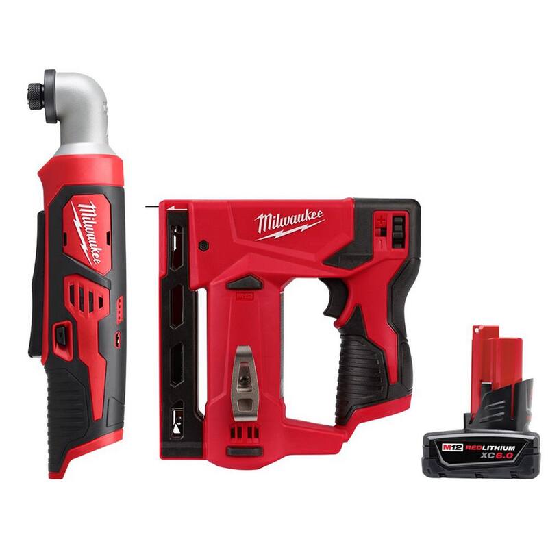 Milwaukee M12 12V Inalámbrico de Iones de Litio de 1/4 de Pulgada Controlador de Impacto Hexagonal en Ángulo Recto con M12 3/8 de Pulgada Grapadora de Corona y Paquete de Batería de 6.0Ah - 2467-20-2447-20-48-11-2460