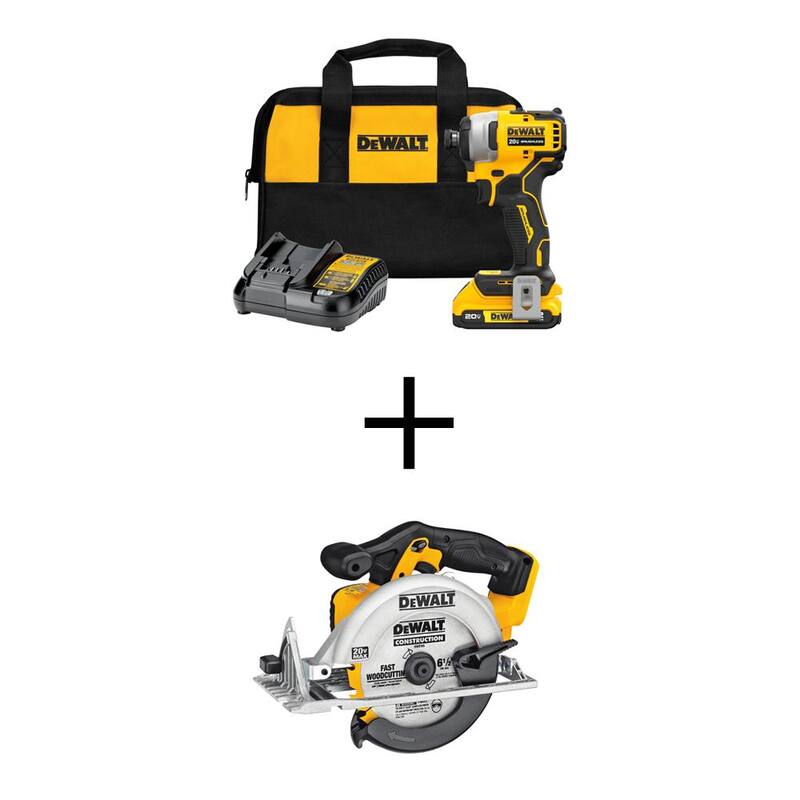 DEWALT ATOMIC 20V MAX Taladro de impacto inalámbrico compacto de 1/4 pulgadas y sierra circular con batería de 2Ah y cargador - DCF809D1WCS391B