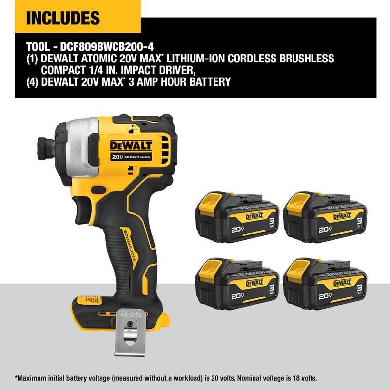 DEWALT ATOMIC 20V MAX Llave de impacto inalámbrica compacta sin escobillas de 1/4 de pulgada con (4) paquetes de baterías Premium de 20V 3Ah MAX - DCF809BWCB200-4