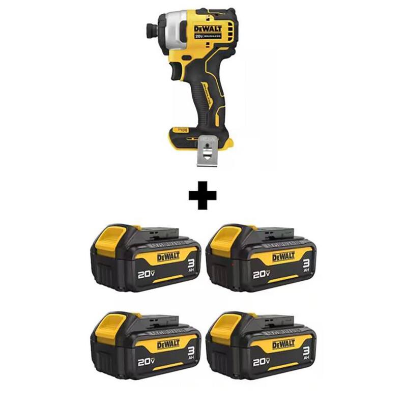 DEWALT ATOMIC 20V MAX Llave de impacto inalámbrica compacta sin escobillas de 1/4 de pulgada con (4) paquetes de baterías Premium de 20V 3Ah MAX - DCF809BWCB200-4