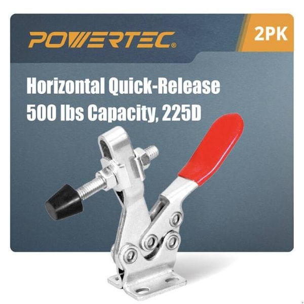 Powertec Toggle Clamp, 500 lbs Cap., 225D Quick Release Horizontal Clamps, Antislip Rubber Pressure Tip, 2PK - 20325N
