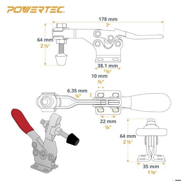 Powertec Toggle Clamp, 500 lbs Cap., 225D Quick Release Horizontal Clamps, Antislip Rubber Pressure Tip, 2PK - 20325N