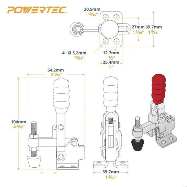 Powertec Toggle Clamp, 200 lbs Cap., 12050 Quick Release Vertical Clamps, Antislip Rubber Pressure Tip, 4PK - 20328N