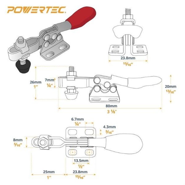 Powertec Toggle Clamp, 60 lbs Cap., 201 Quick Release Horizontal Clamps, Antislip Rubber Pressure Tip, 4PK - 20321N