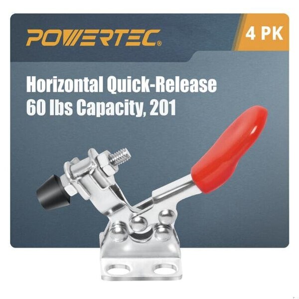 Powertec Toggle Clamp, 60 lbs Cap., 201 Quick Release Horizontal Clamps, Antislip Rubber Pressure Tip, 4PK - 20321N
