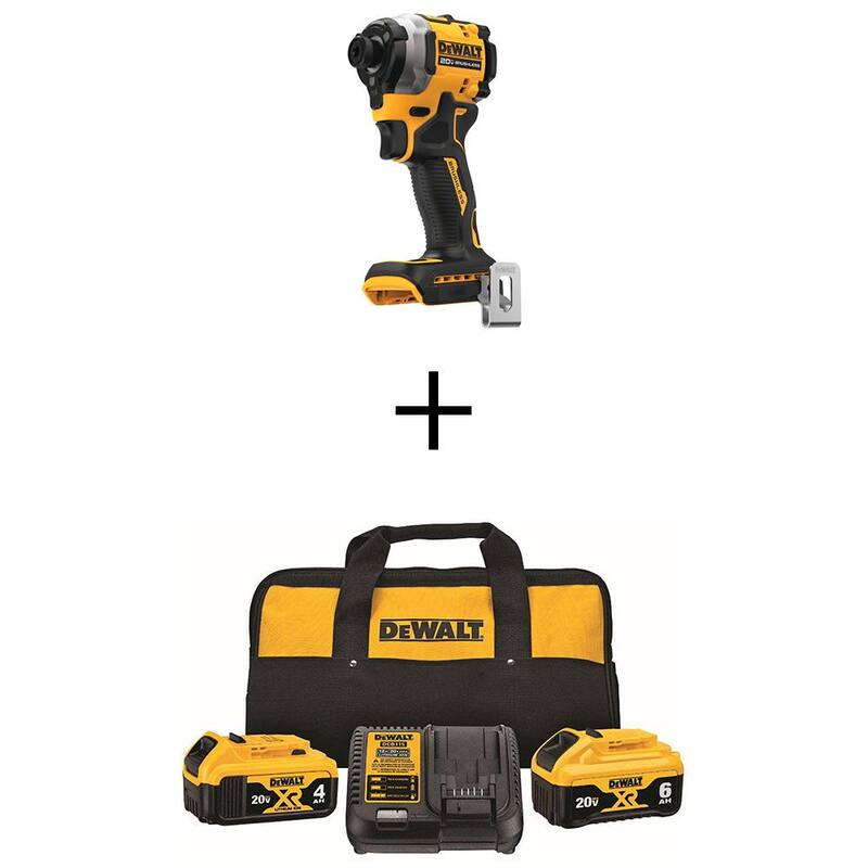 DEWALT ATOMIC 20V MAX Inalámbrico Compacto sin Escobillas 1/4 pulgadas Impact Driver y Paquete Inicial de Batería de Iones de Litio Premium de 6.0Ah y 4.0Ah - DCF850BWCB2460C