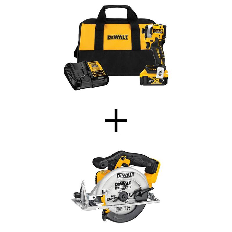 Kit de destornillador de impacto sin escobillas DEWALT ATOMIC 20V MAX de 1/4 de pulgada y sierra circular de 6.5 pulgadas con batería de 5Ah y cargador - DCF850P1WCS391B