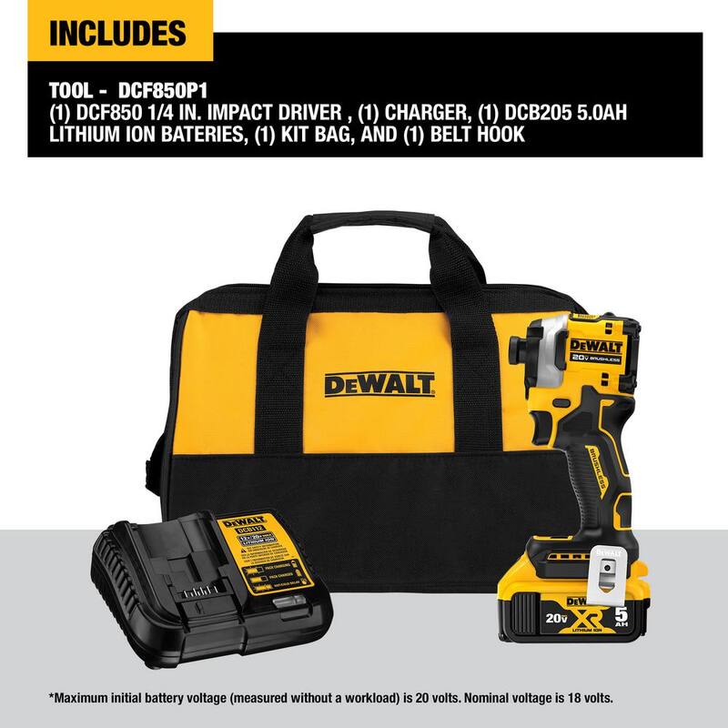 Kit de destornillador de impacto sin escobillas DEWALT ATOMIC 20V MAX de 1/4 de pulgada y sierra circular de 6.5 pulgadas con batería de 5Ah y cargador - DCF850P1WCS391B