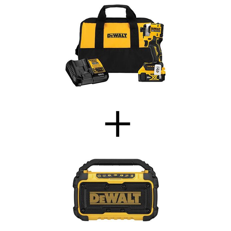 Kit de destornillador de impacto sin escobillas DEWALT ATOMIC 20V MAX de 1/4 pulgadas, inalámbrico de iones de litio, con altavoz Bluetooth y batería de 5Ah y cargador - DCF850P1WDCR010