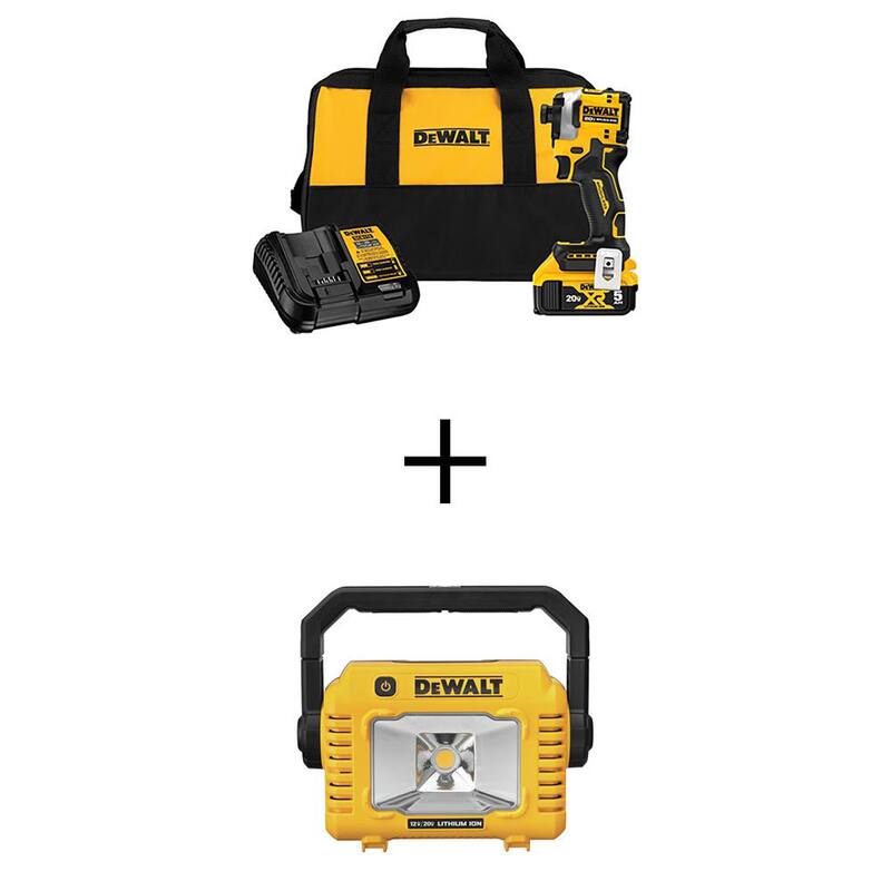 DEWALT ATOMIC 20V MAX Juego de driver de impacto inalámbrico sin escobillas de ion de litio de 1/4 de pulgada y luz de tarea compacta con batería de 5Ah - DCF850P1WCL077B
