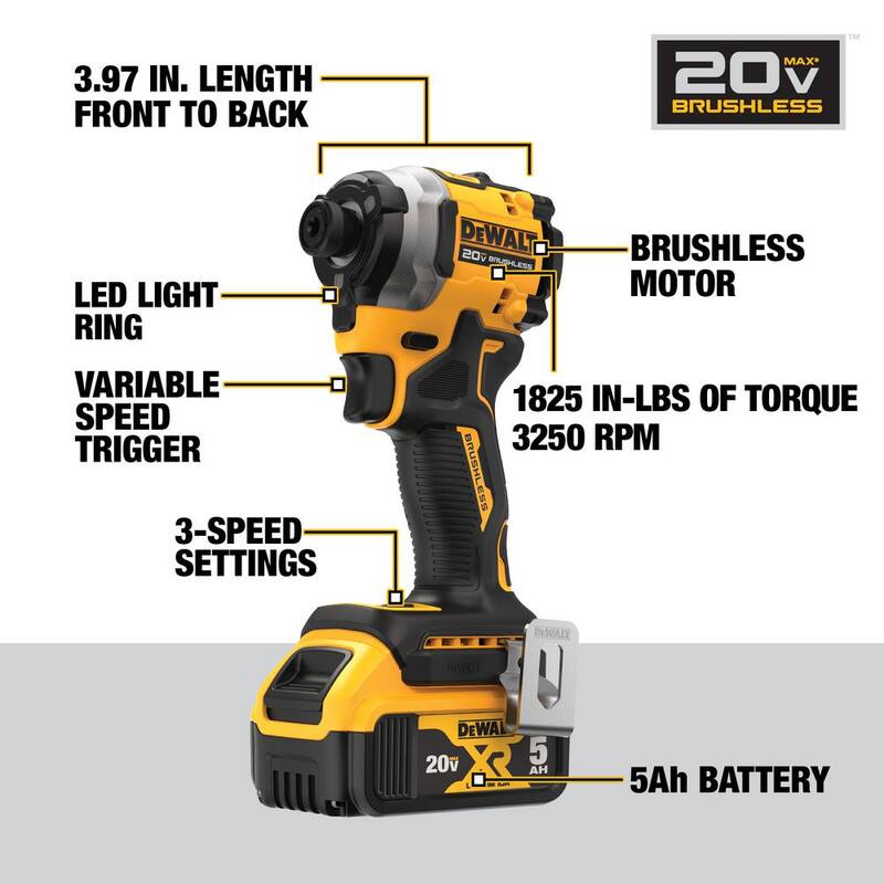 DEWALT ATOMIC 20V MAX Juego de driver de impacto inalámbrico sin escobillas de ion de litio de 1/4 de pulgada y luz de tarea compacta con batería de 5Ah - DCF850P1WCL077B