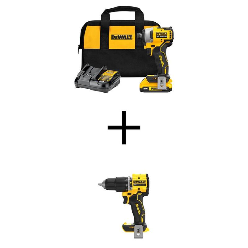DEWALT ATOMIC 20V MAX Kit de destornillador de impacto inalámbrico compacto con motor sin escobillas de iones de litio de 1/4 de pulgada y taladro percutor de 1/2 de pulgada con batería de 2 Ah - DCF809D1WCD799B
