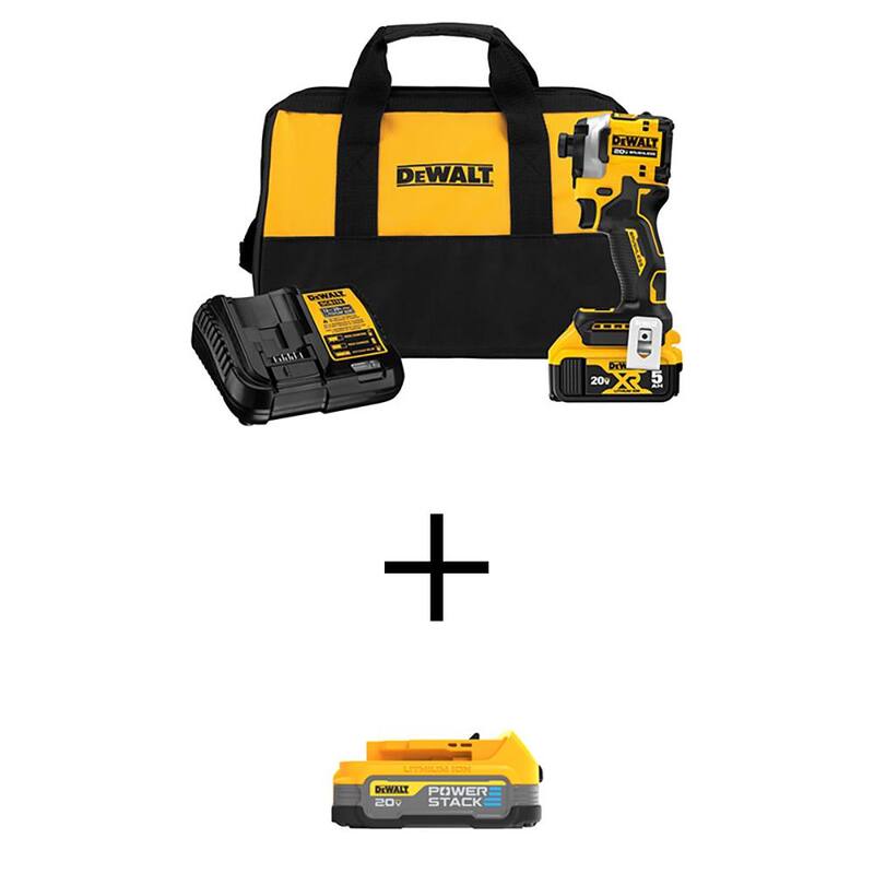 DEWALT ATOMIC 20V MAX Kit de Destornillador de Impacto Inalámbrico de 1/4 de pulgada con batería de 5Ah y batería compacta POWERSTACK de 2Ah - DCF850P1WCBP034
