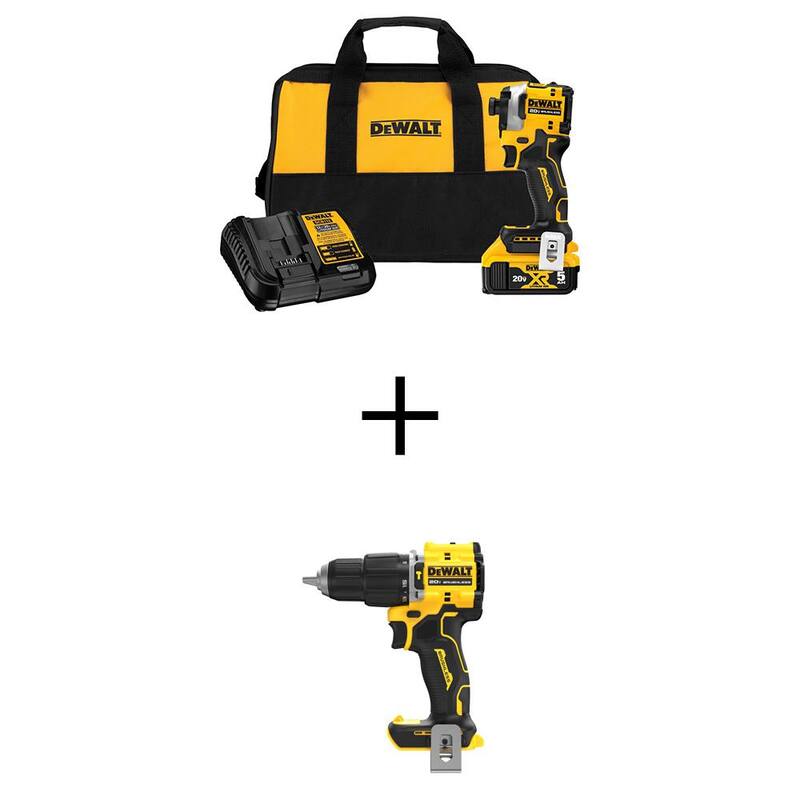 Juego de destornillador de impacto sin escobillas a batería DEWALT ATOMIC 20V MAX de 1/4 de pulgada y taladro percutor de 1/2 de pulgada con batería de 5Ah - DCF850P1WCD799B