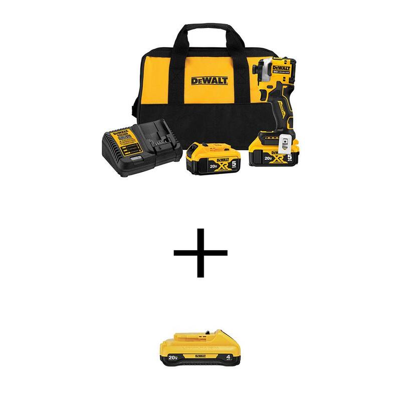 DEWALT ATÓMICO 20V MAX Kit de destornillador de impacto inalámbrico sin escobillas de litio de 1/4 pulgada, (2) baterías de 20V 5Ah y 1 batería de 4Ah, cargador y bolsa - DCF850P2WDCB240