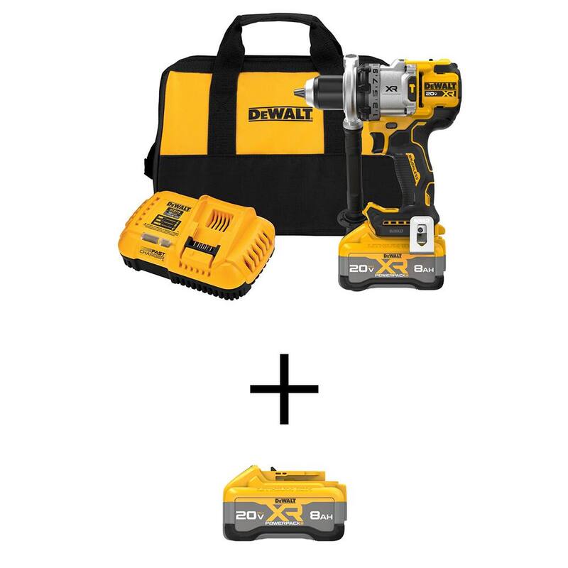 Kit de taladro percutor inalámbrico DEWALT 20V XR de ion de litio con (2) baterías de 8.0 Ah, cargador y bolsa de kit - DCD1007WW1W2108