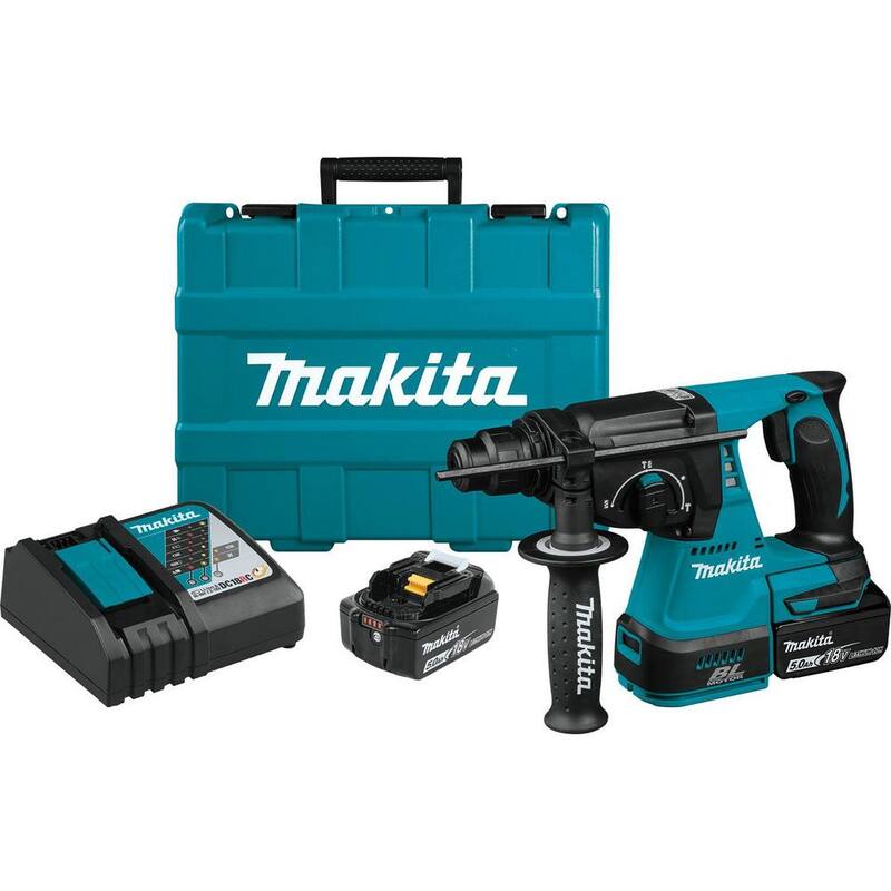 Martillo rotativo inalámbrico de 18V LXT de ion de litio de 1 pulgada sin escobillas SDS-Plus para concreto/mampostería de Makita con (2) baterías 5.0Ah - XRH01T