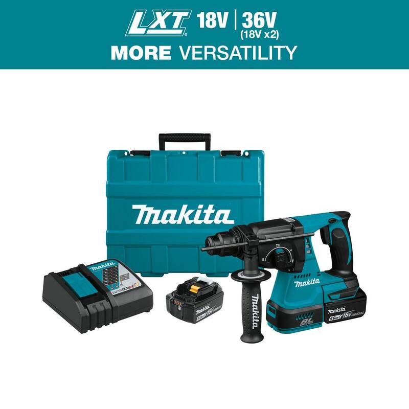 Martillo rotativo inalámbrico de 18V LXT de ion de litio de 1 pulgada sin escobillas SDS-Plus para concreto/mampostería de Makita con (2) baterías 5.0Ah - XRH01T