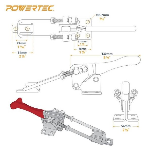 Powertec Toggle Clamp, 1980 lbs Cap., 40344 Adj. 90 Degree Vertical U Bolt Latch, Antislip Hand Grip - 20324N
