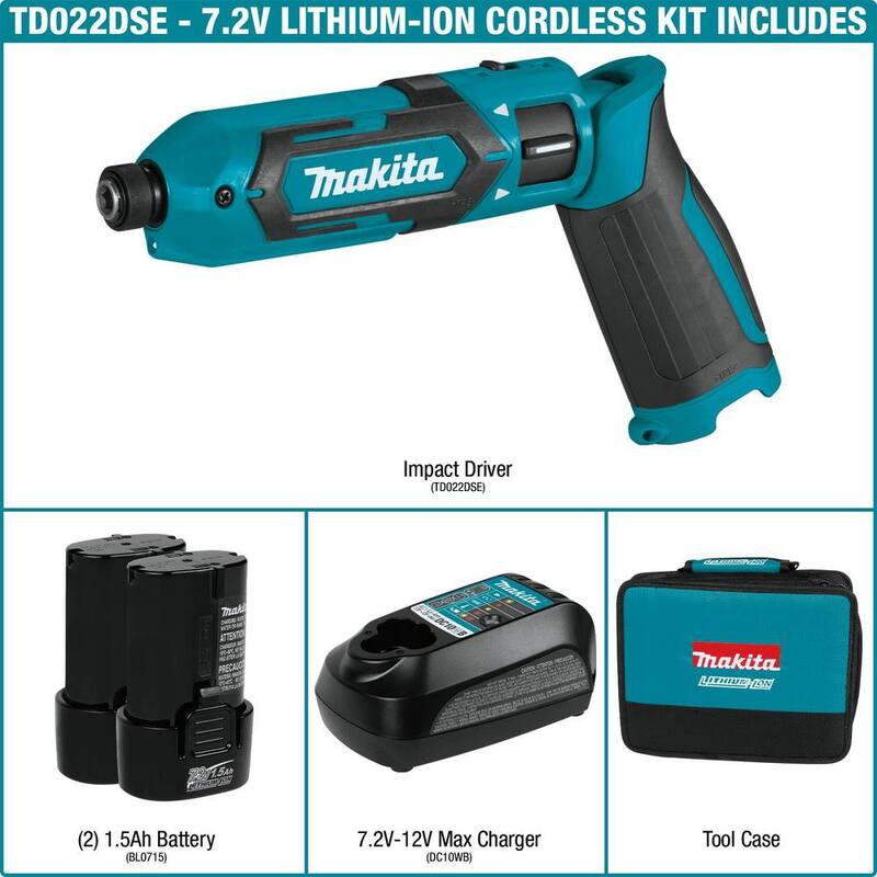 Juego de destornillador de impacto inalámbrico de 1/4 de pulgada con batería de iones de litio de 7.2V - TD022DSE de Makita