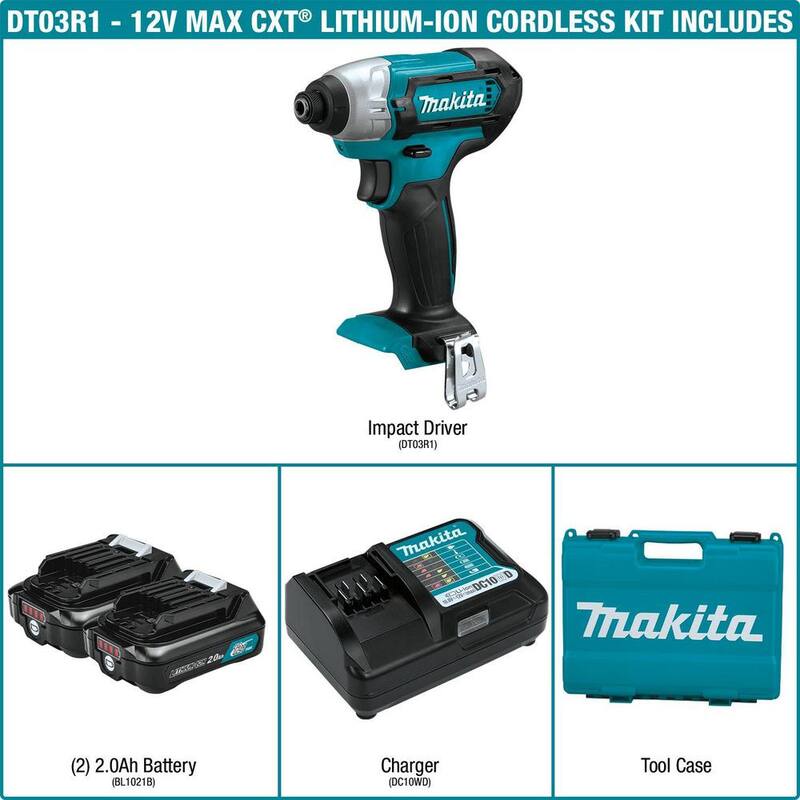 Juego de Impact Driver inalámbrico Makita 12V max CXT de 1/4 pulgadas con baterías 2.0Ah, cargador y estuche rígido - DT03R1