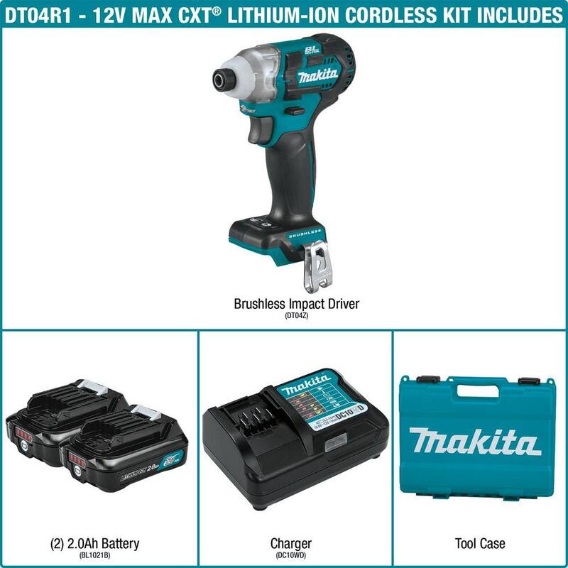 Kit de Impacto Inalámbrico con Motor sin Escobillas de Litio-ion de 1/4 de pulgada Makita 12V max CXT con (2) Baterías 2.0Ah, Cargador y Estuche Resistente - DT04R1