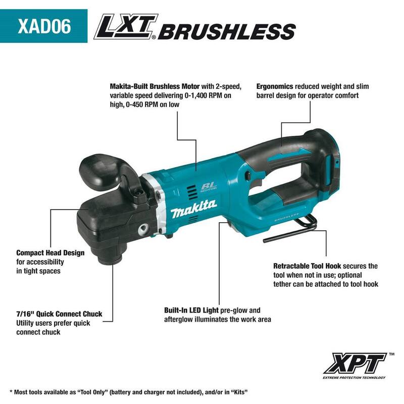 Makita 18V Taladro angular recto inalámbrico sin escobillas de iones de litio de 7/16 pulgadas (Herramienta solamente) - XAD06Z.