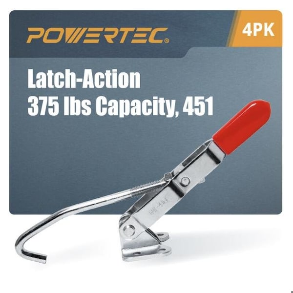 Powertec Toggle Clamp with J Hook, 375 lbs Cap., 451 Adj. Pull Action Latch, 4PK - 20308-P4N