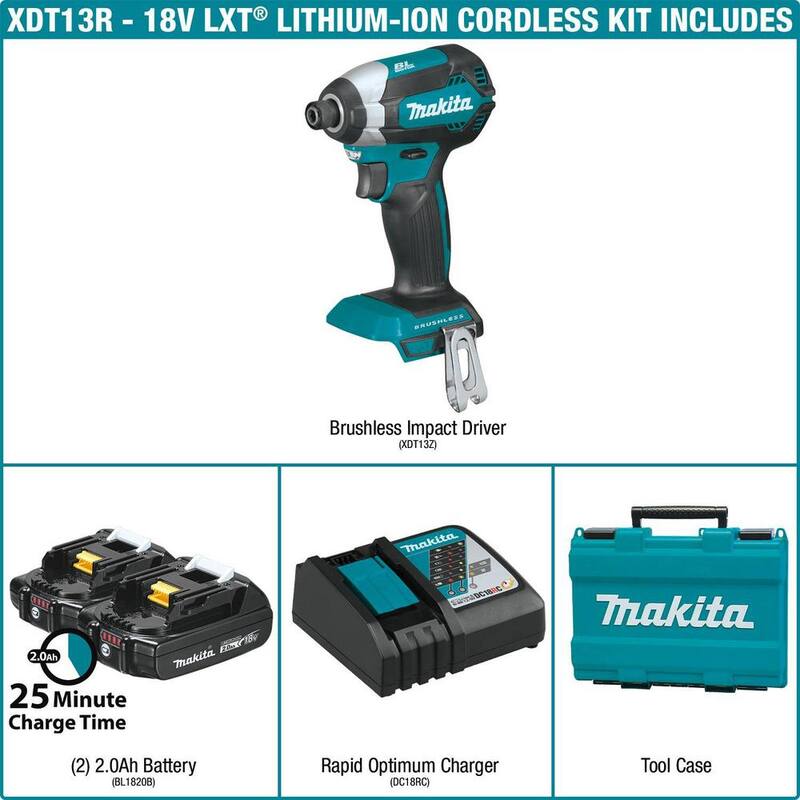 Kit de destornillador de impacto inalámbrico compacto Makita 18V LXT de iones de litio sin escobillas de 1/4 de pulgada con (2) baterías de 2.0Ah, cargador y estuche - XDT13R