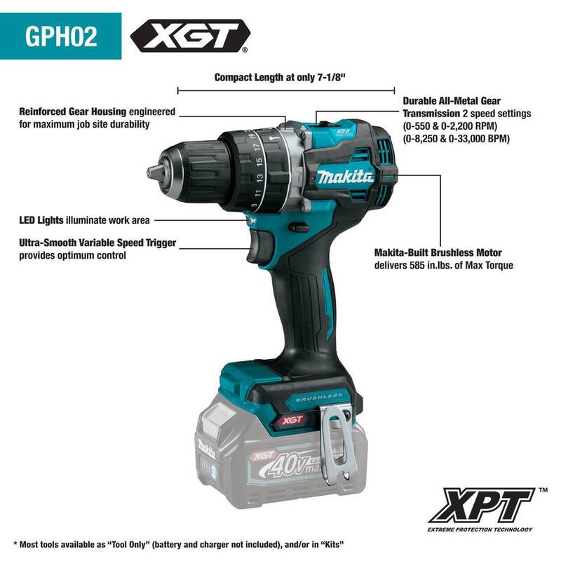 Martillo Taladro Inalámbrico Compacto sin Escobillas de 1/2 pulgadas de Makita 40V Max XGT, Herramienta Únicamente - GPH02Z